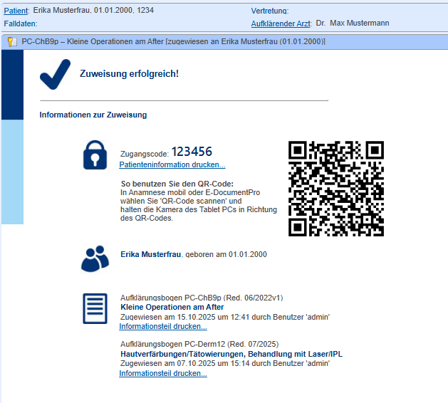 Meldung mit Zugangscode bzw. QR-Code für den Patienten Meldung mit Zugangscode bzw. QR-Code für den Patienten