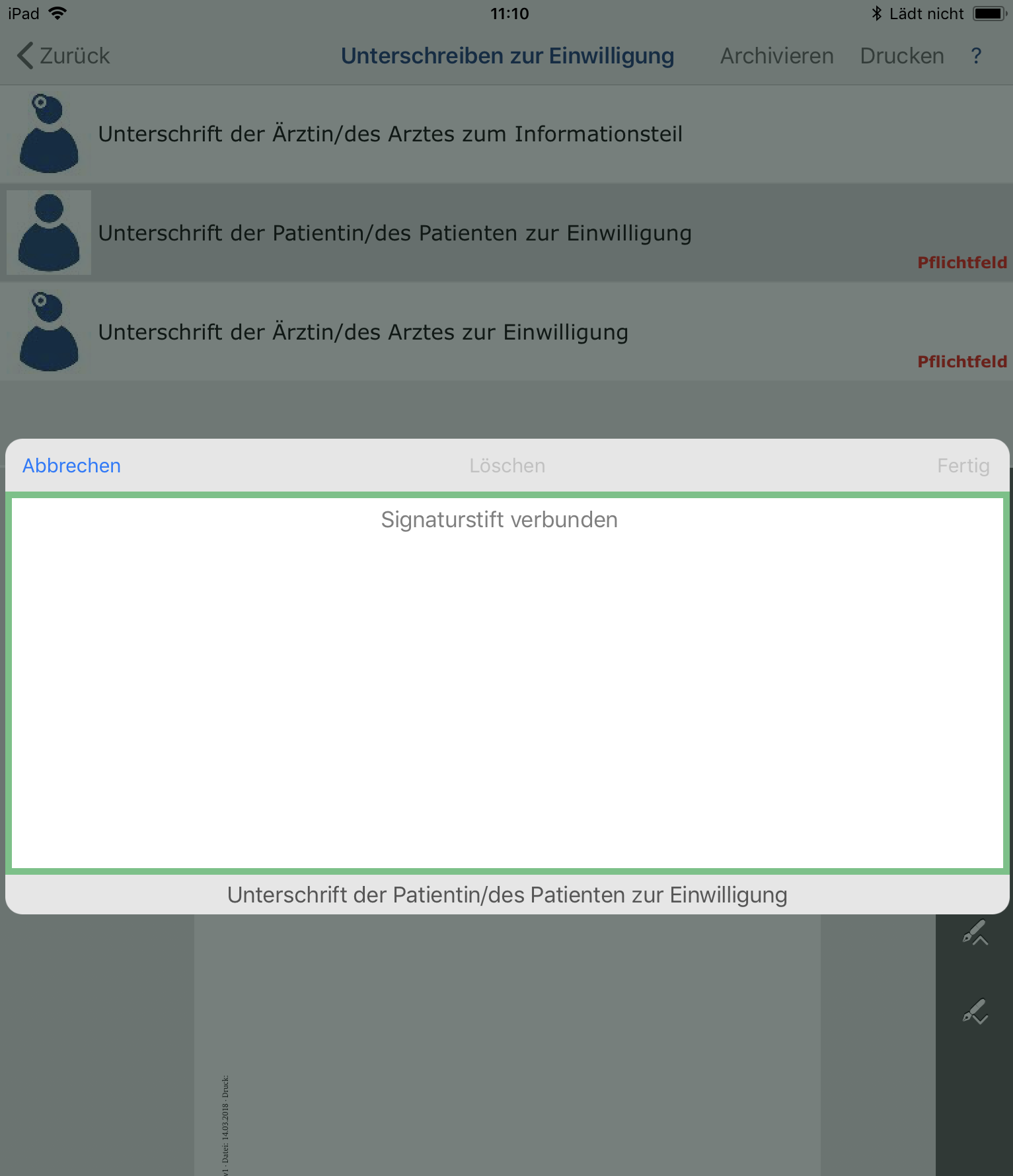 Feld für die Unterschrift auf dem Tablet Feld für die Unterschrift auf dem Tablet